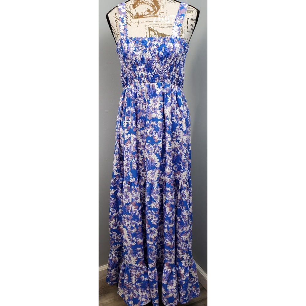 Pink Lily Maxi Dress Womens Large Multi Floral Bodice Tiered Smocked Square Neck